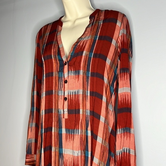 11.1.TYLHO XSMALL RUST & BLUE RAYON SHEATH LONG SLEEVED DRESS - Picture 3 of 11